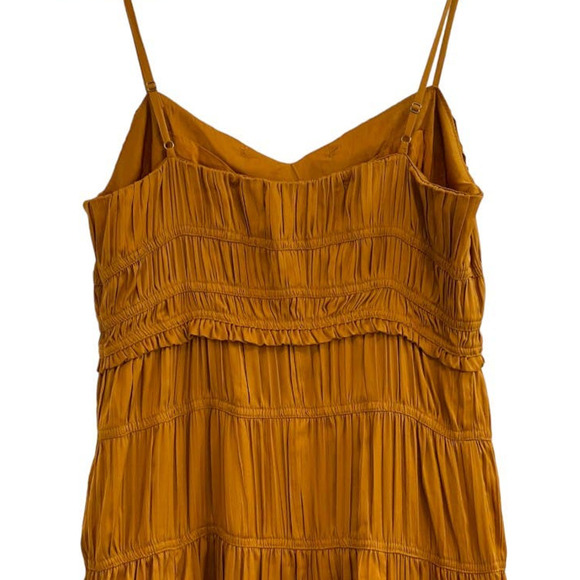 Anthropologie Women’s Sz 12 Ruched Tiered Midi Pleated Satin Slip Dress Gold NEW - Picture 10 of 12